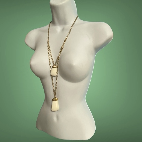 CHICO'S Gold Tone Double Layered Chain Links Cream Pendant Necklace - Picture 1 of 8